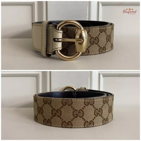 Authentic Gucci Brown Monogram Canvas Leather Gold Horsebit Ring Belt Size 90/36 - Picture 3 of 13